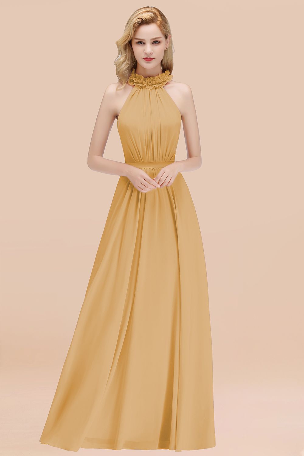 27prom Modest High-Neck Halter Ruffle Chiffon Bridesmaid Dresses Affordable-27prom