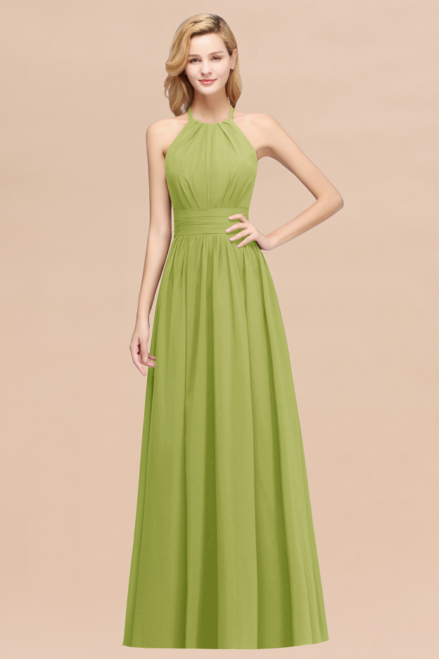 27prom Elegant High-Neck Halter Long Affordable Bridesmaid Dresses with Ruffles-27prom