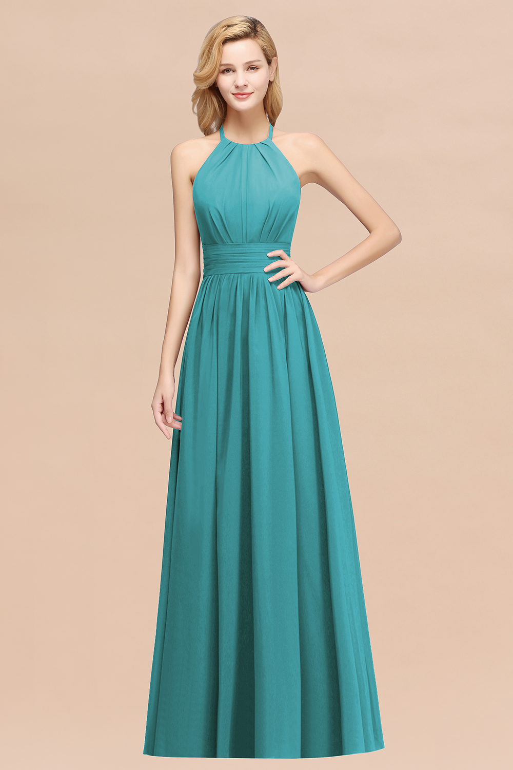 27prom Elegant High-Neck Halter Long Affordable Bridesmaid Dresses with Ruffles-27prom