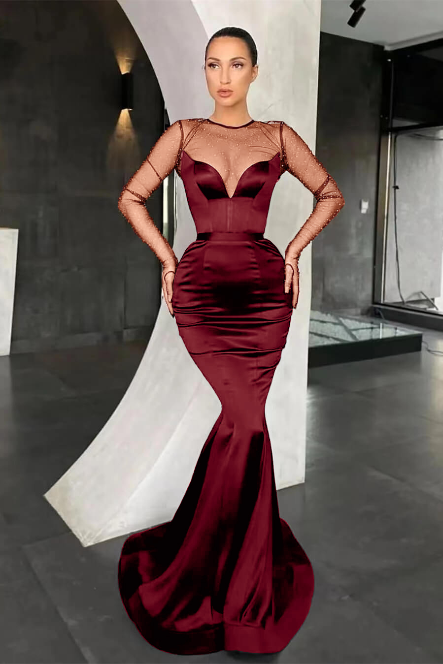 Black Mermaid Long Sleeves Pleated Long Prom Dress With Beads Online V Neck