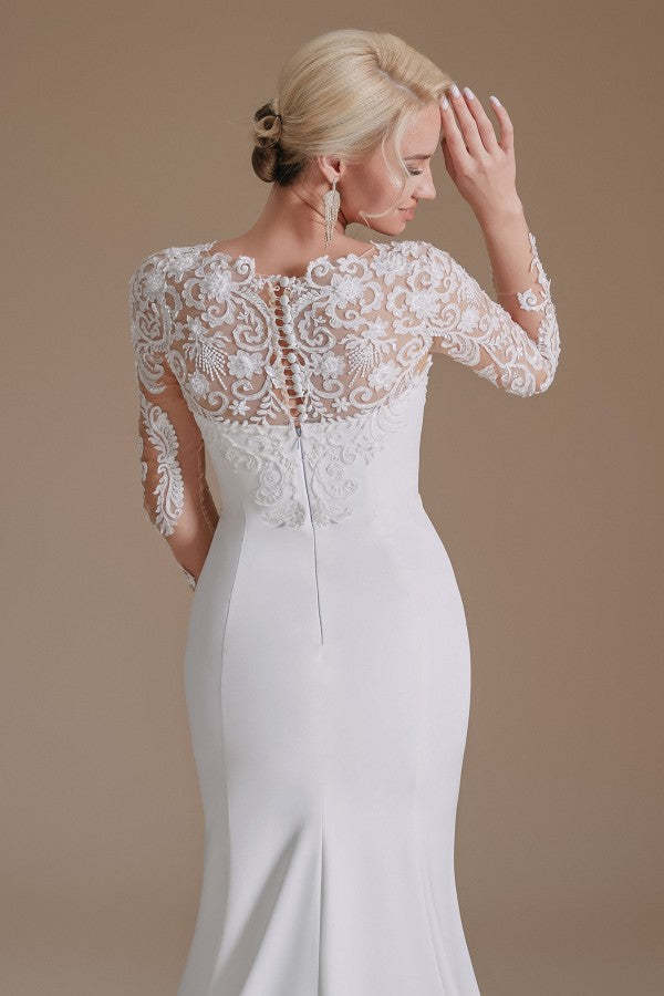 Jewel Neck Satin Lace Long Sleeve Mermaid Wedding Dress