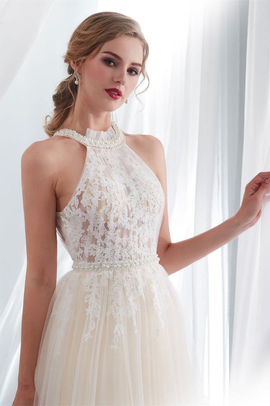 High Neck Tulle Wedding Dress with Appliques