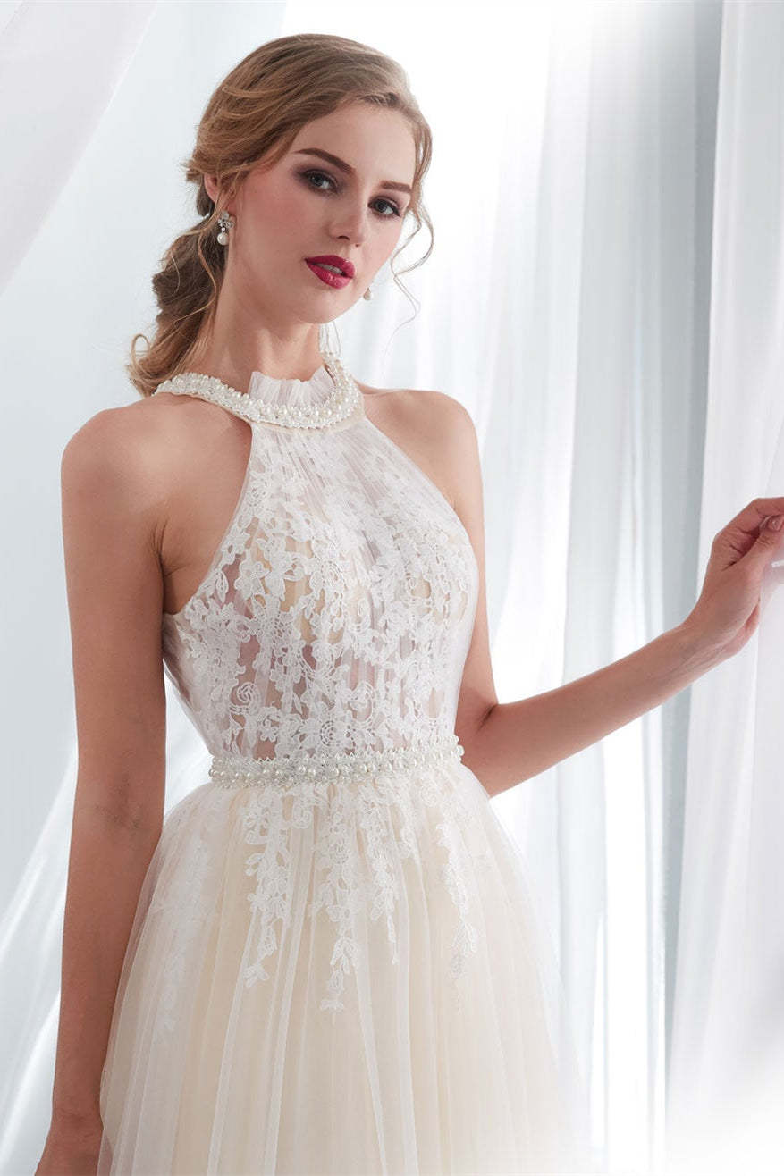 High Neck Tulle Wedding Dress with Appliques