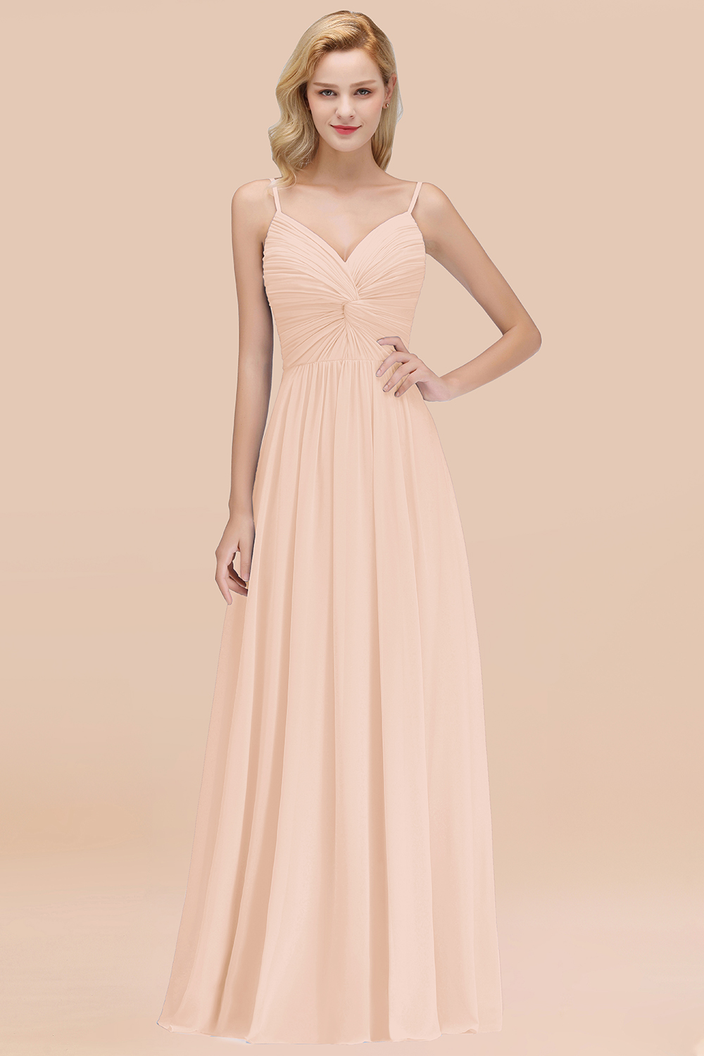 27prom Chic V-Neck Pleated Backless Bridesmaid Dresses with Spaghetti Straps-27prom