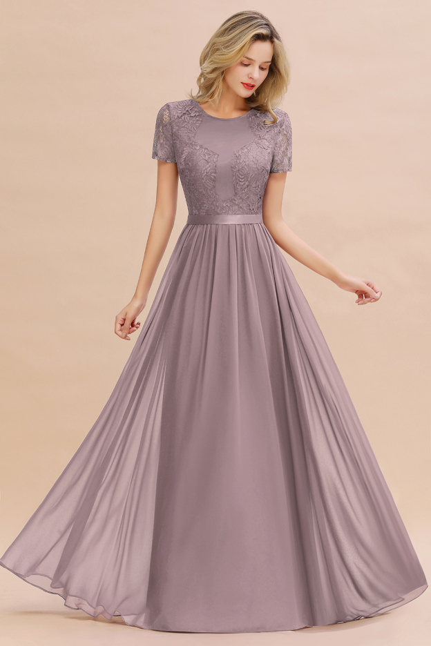 27prom Elegant Chiffon Lace Jewel Short-Sleeves Affordable Bridesmaid Dress-27prom