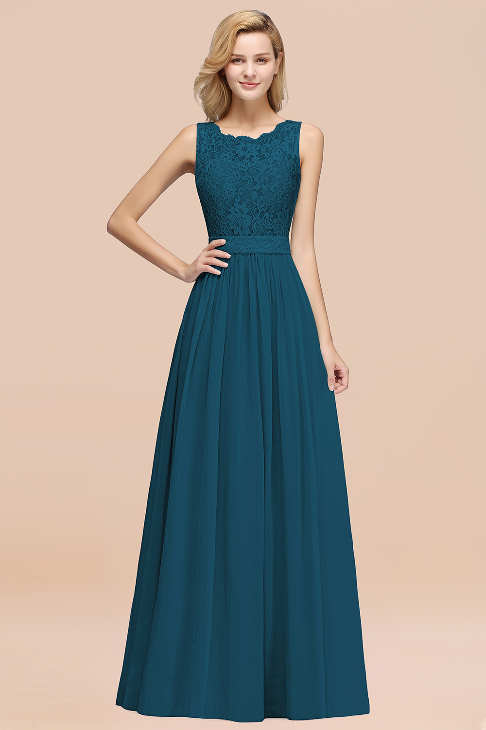 27prom Elegant Chiffon Lace Scalloped Sleeveless Ruffle Bridesmaid Dresses-27prom