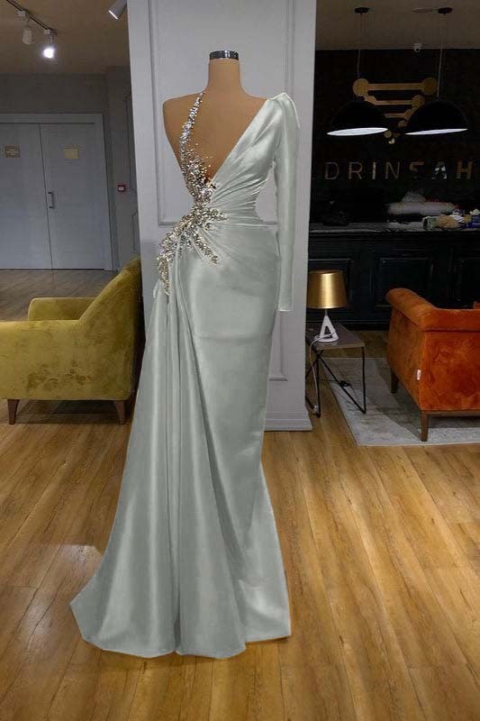 Charming Mermaid Yellow long Sleeves Pleated Long Prom Dress With Beadings