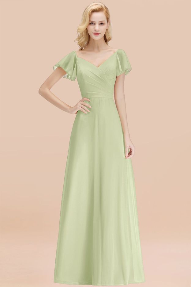27prom Elegent Short-Sleeve Long Bridesmaid Dress Online Yellow Chiffon Wedding Party Dress-27prom