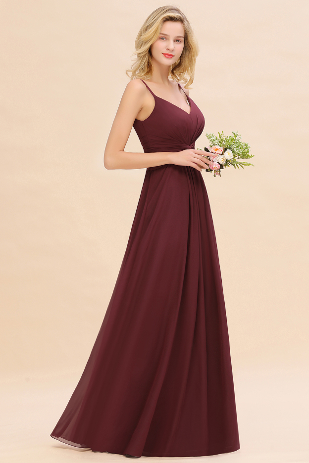 27prom Modest Ruffle Spaghetti Straps Backless Burgundy Bridesmaid Dresses Affordable-27prom