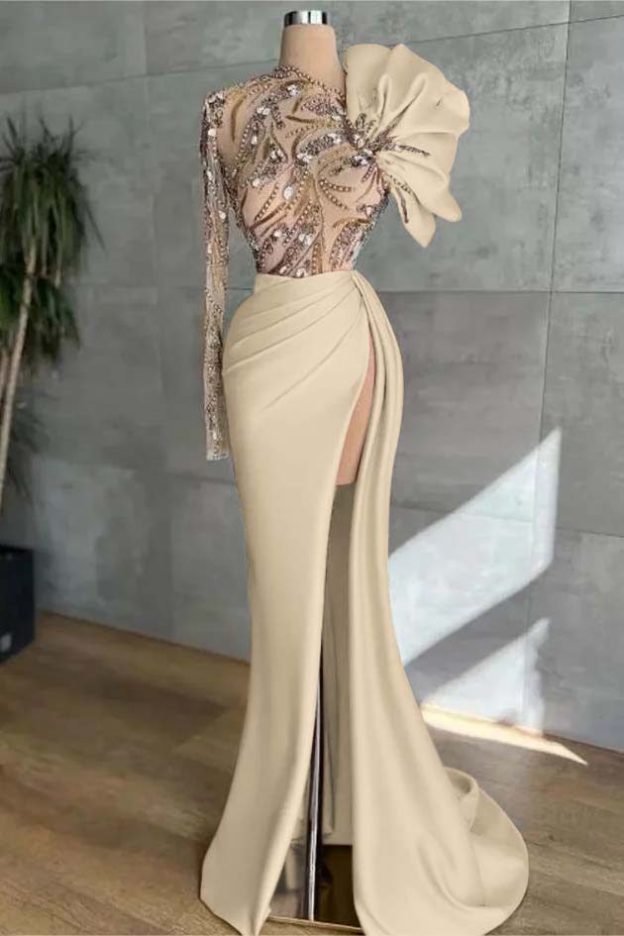 Long Sleeves Long Mermaid Prom Dress With High Split Appliques
