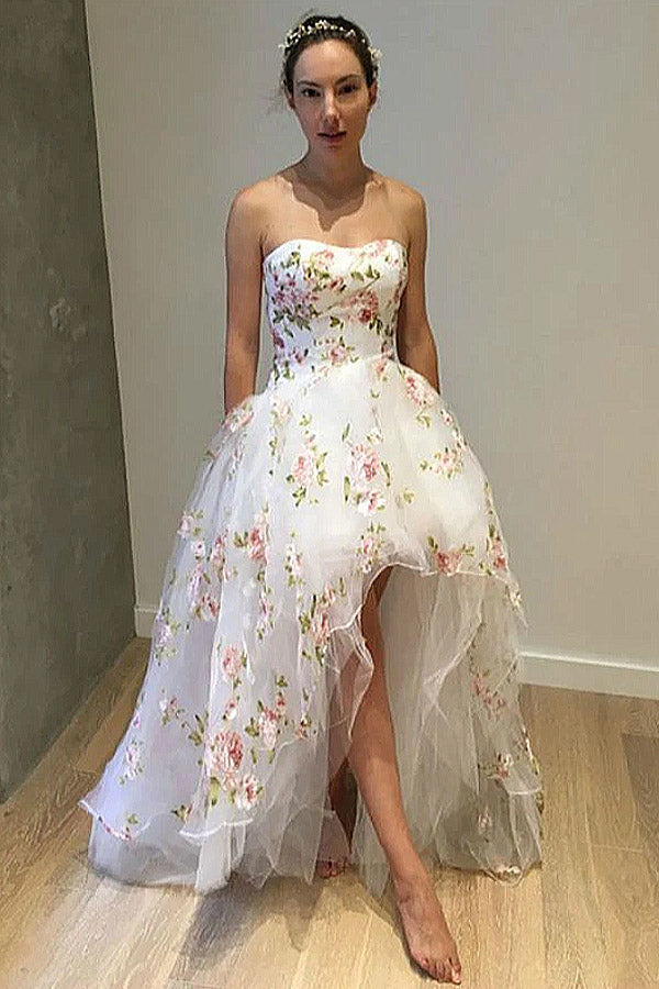 Floral High Low Strapless Tulle Prom Dress