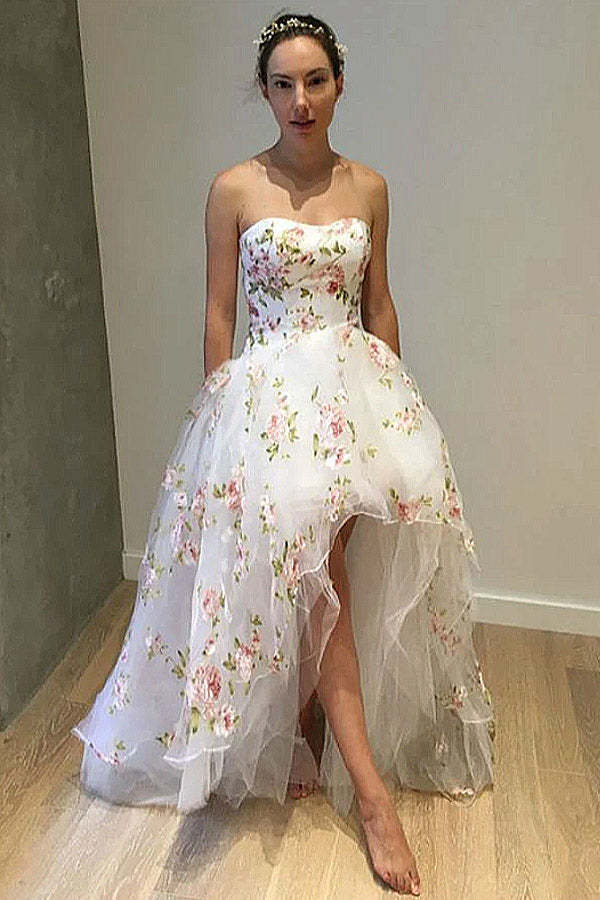 Floral High Low Strapless Tulle Prom Dress