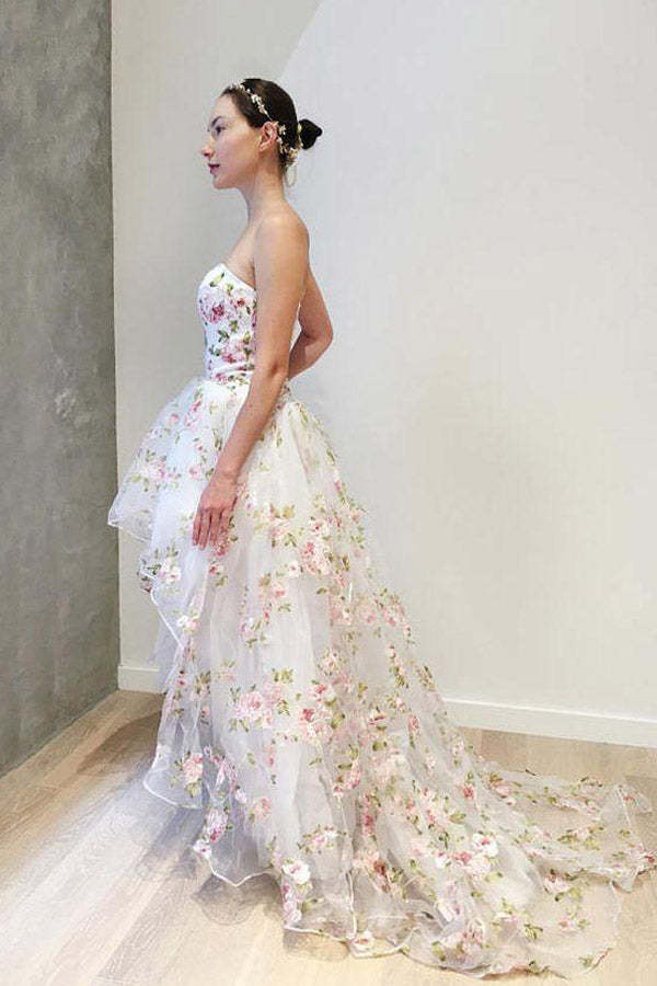 Floral High Low Strapless Tulle Prom Dress