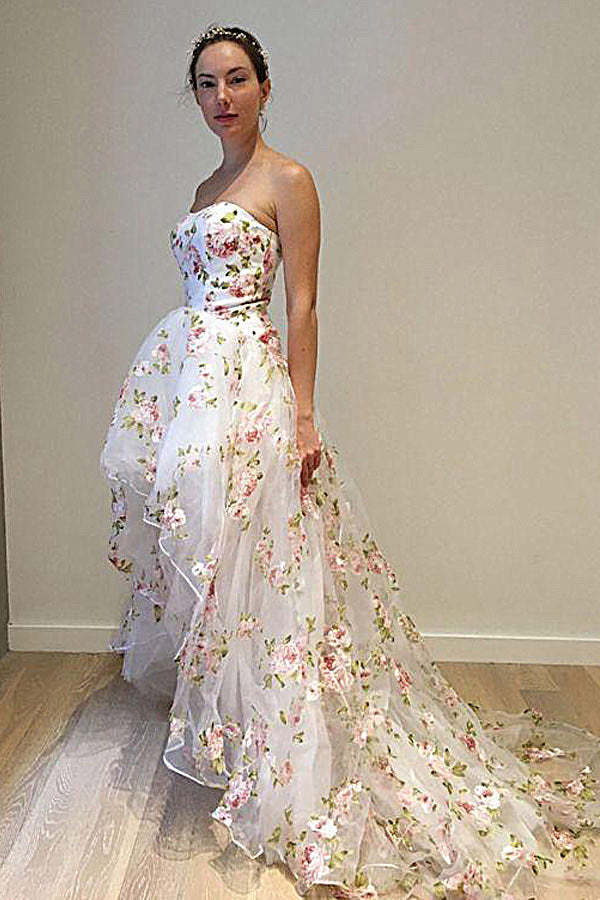 Floral High Low Strapless Tulle Prom Dress