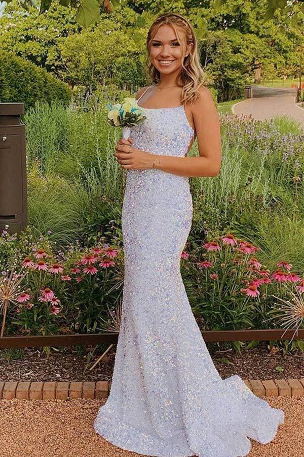 Glittering Spaghetti Straps Mermaid  Sequins Long Prom Dress