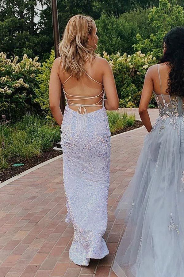 Glittering Spaghetti Straps Mermaid  Sequins Long Prom Dress