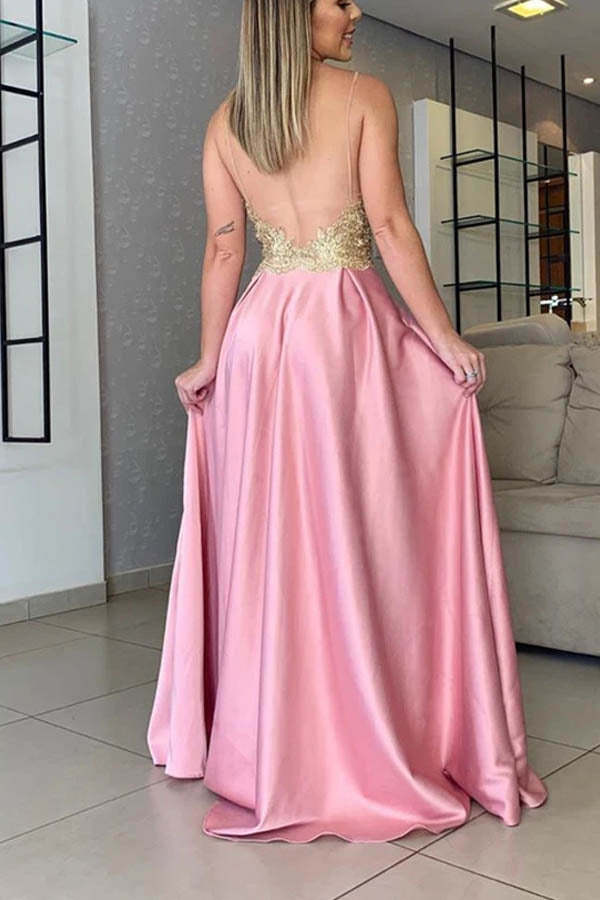 Gold Lace Top Satin Prom Dress Split Beaded Evening Dress