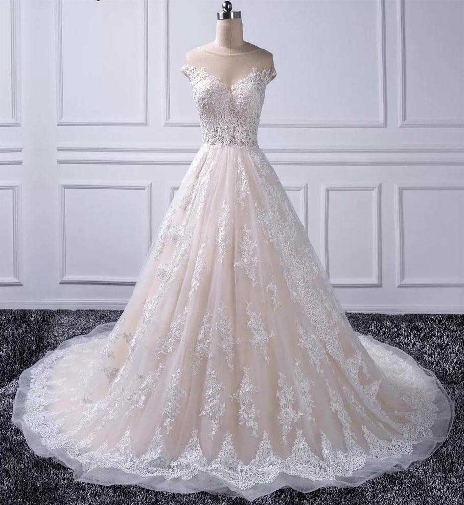 Gorgeous Ball Gown Cap Sleeve Wedding Dress With Lace Appliques WW263