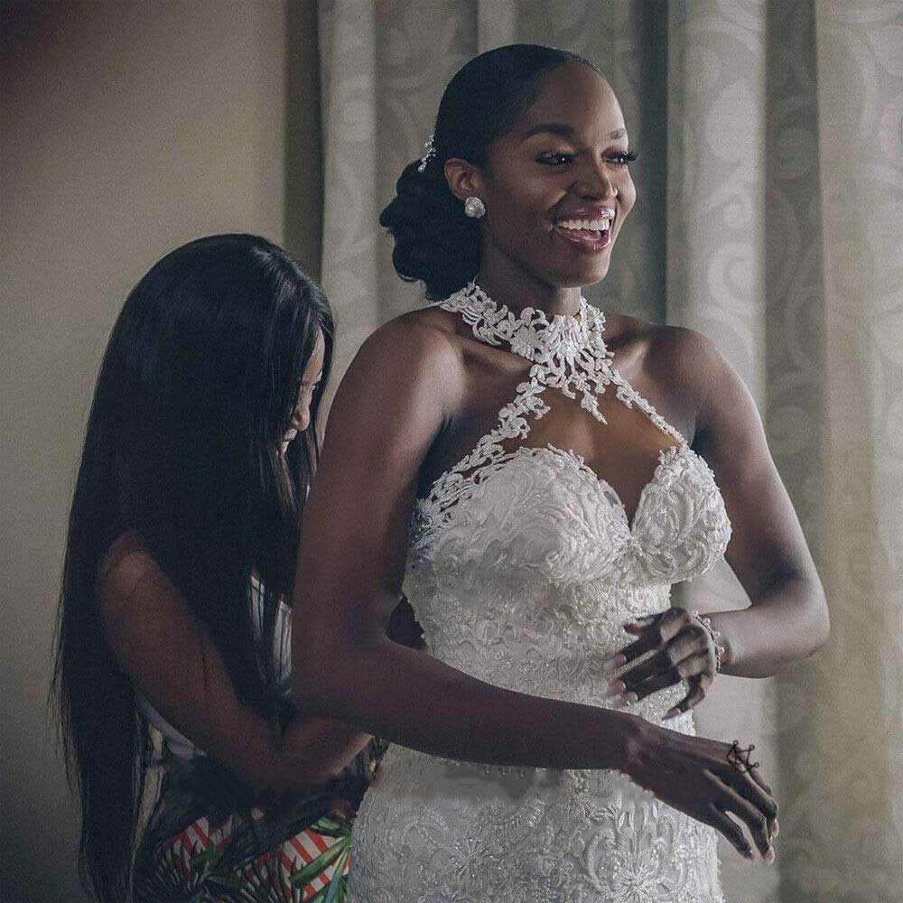 Gorgeous Mermaid Halter White Wedding Dress Beaded Bridal Gown