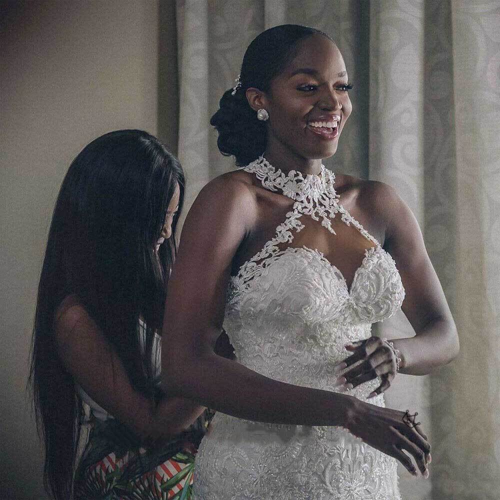 Gorgeous Mermaid Halter White Wedding Dress Beaded Bridal Gown