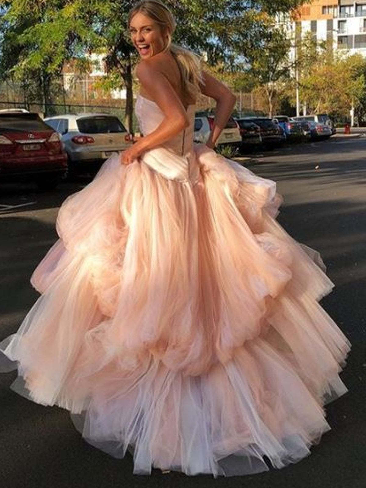 Gorgeous Strapless Layered Light Pink Tulle Long Prom Dresses, Light Pink Tulle Formal Graduation Evening Dresses