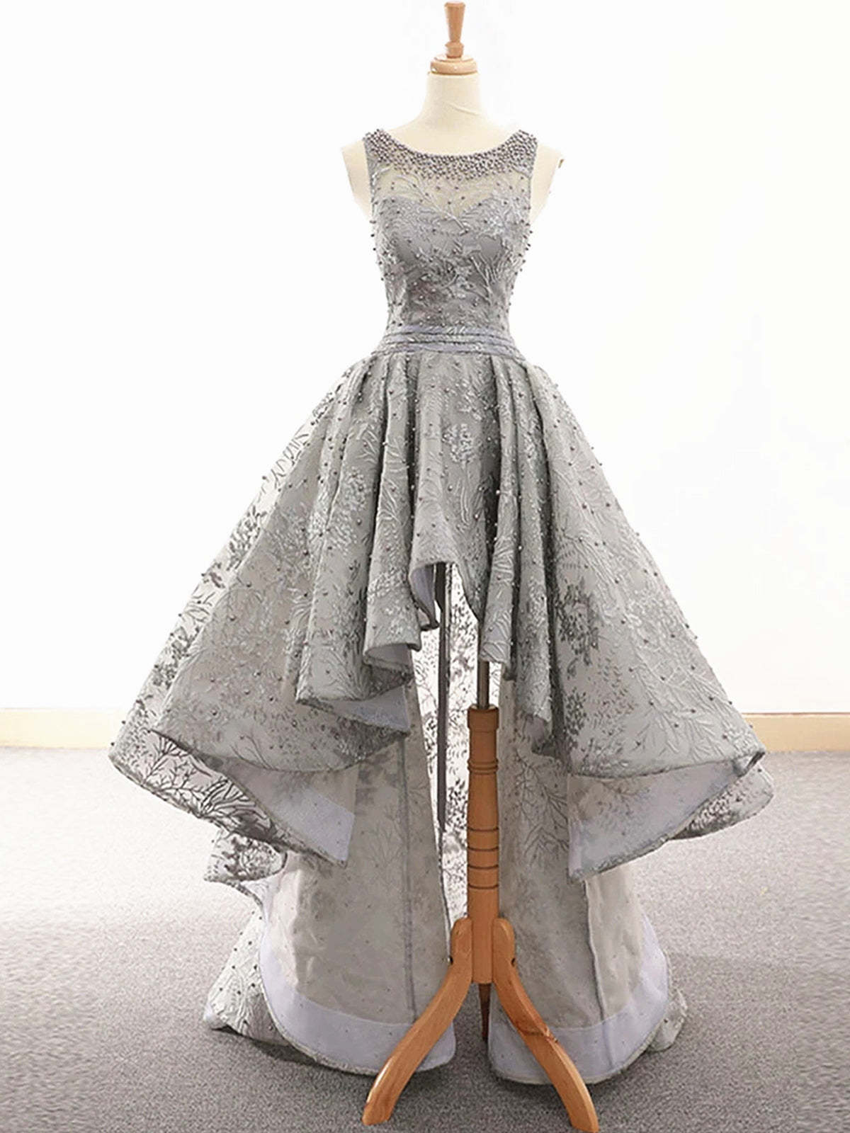 Gray Lace High Low Prom Dresses, Grey High Low Lace Formal Graduation Homecoming Dresses