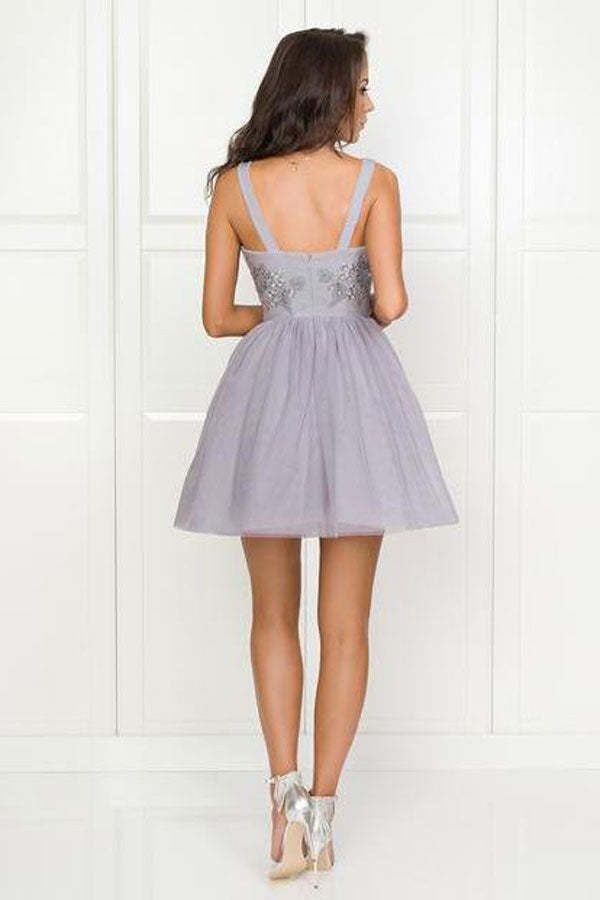 Gray Tulle A-Line Short Homecoming Dress With Appliques