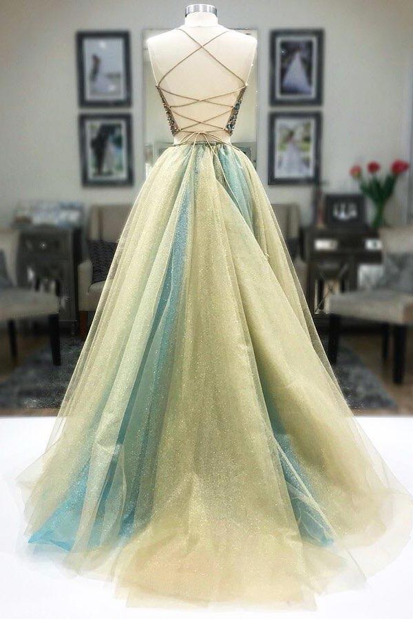 Green Tulle Two Piece Corset Back Beaded Long Prom Dress