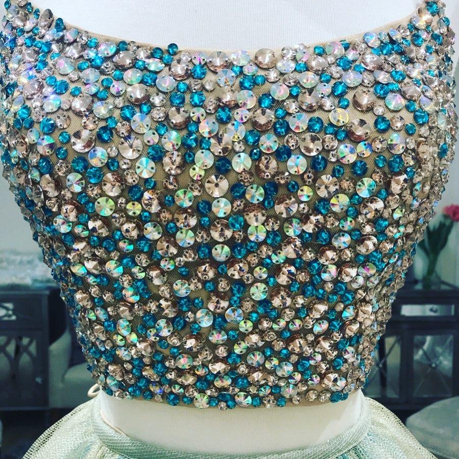 Green Tulle Two Piece Corset Back Beaded Long Prom Dress