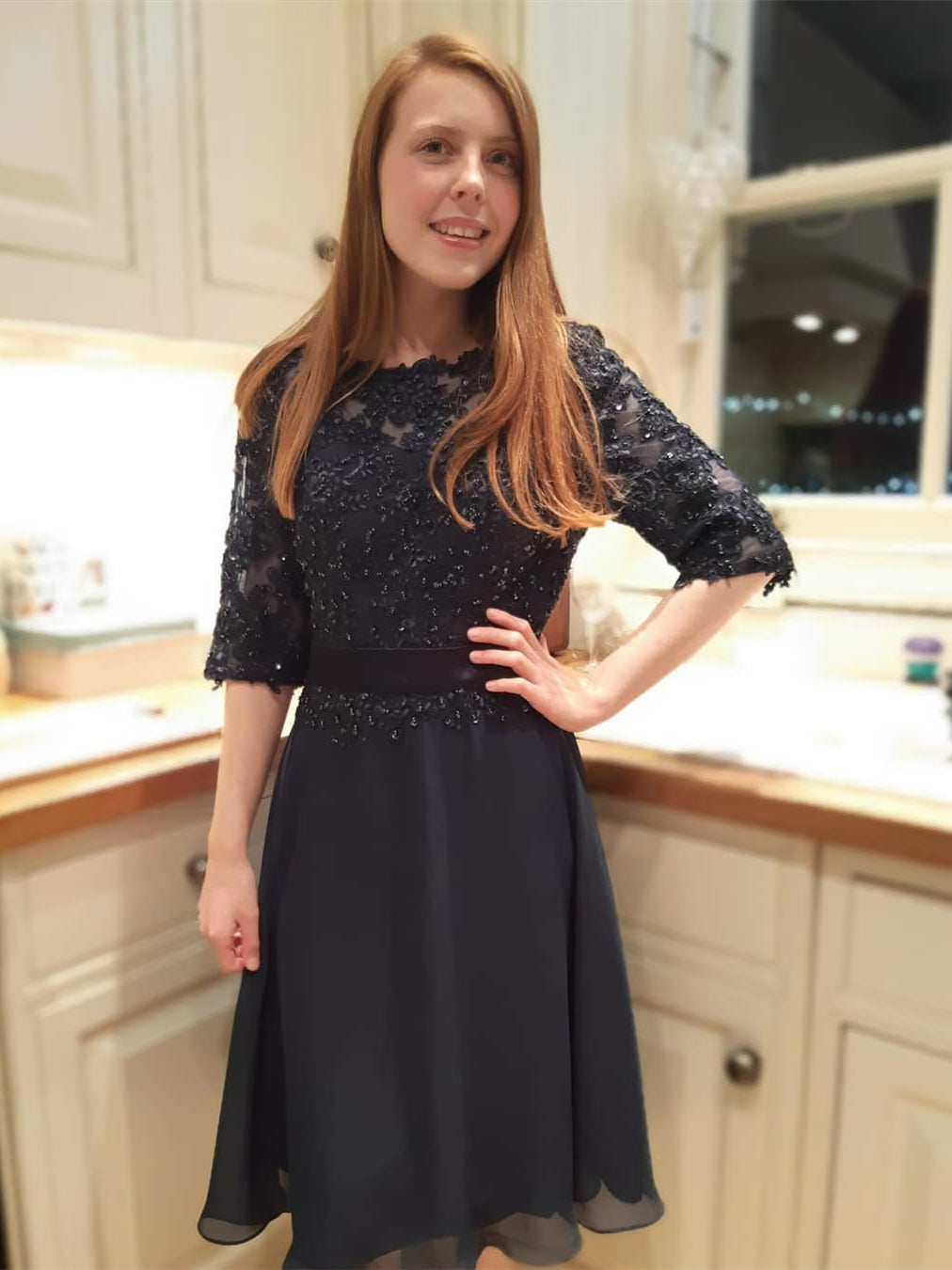 Half Sleeves Beaded Black Lace Prom Dresses, Black Lace Homecoming Dresses, Short Sleeves Black Formal Graduation Evening Dresses