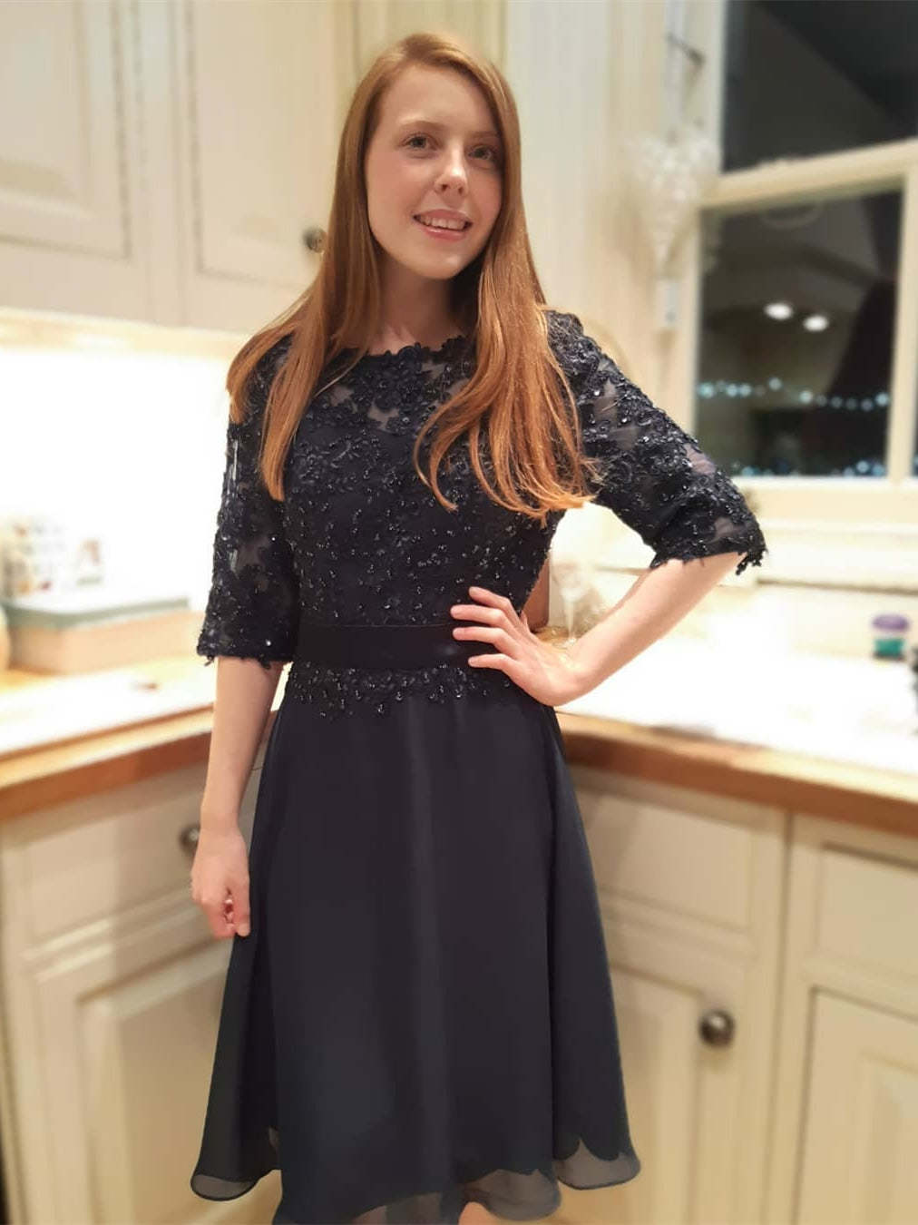 Half Sleeves Beaded Black Lace Prom Dresses, Black Lace Homecoming Dresses, Short Sleeves Black Formal Graduation Evening Dresses