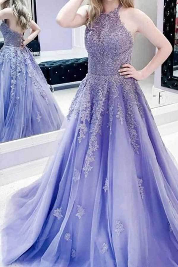 Halter Lavender Tulle Long Prom Dress Lace Appliques Evening Dress