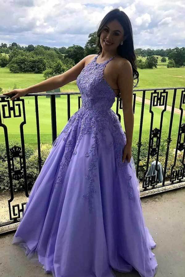 Halter Lavender Tulle Long Prom Dress Lace Appliques Evening Dress