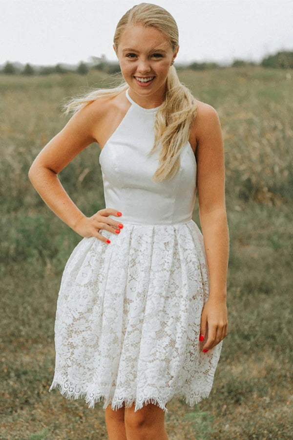Halter Neckline A-line Backless Ivory Lace Short Homecoming Dress WD240