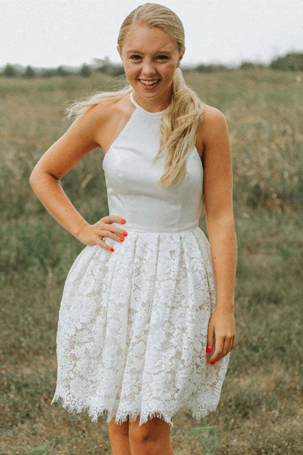 Halter Neckline A-line Backless Ivory Lace Short Homecoming Dress WD240