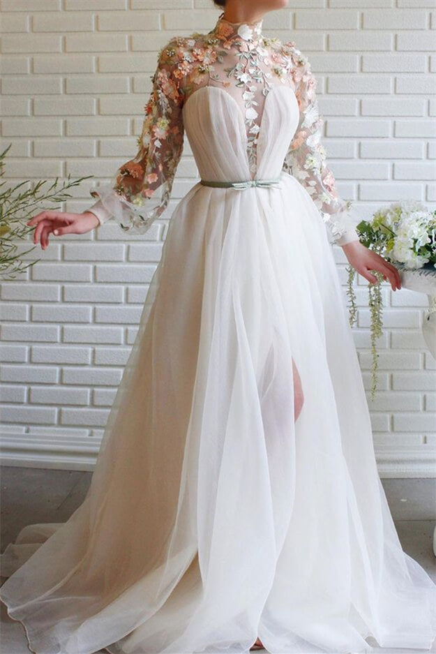 High Collar Mermaid Evening Dress With Flowers Split White Long Sleeves