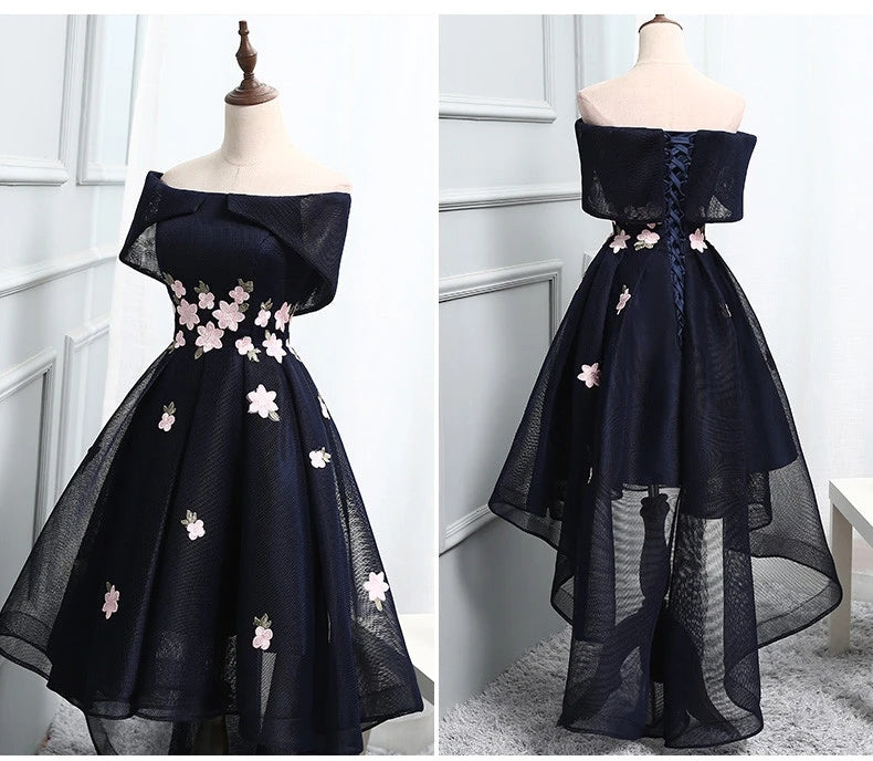 High Low Black Short Homecoming Dress With Appliques