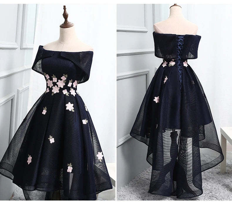 High Low Black Short Homecoming Dress With Appliques