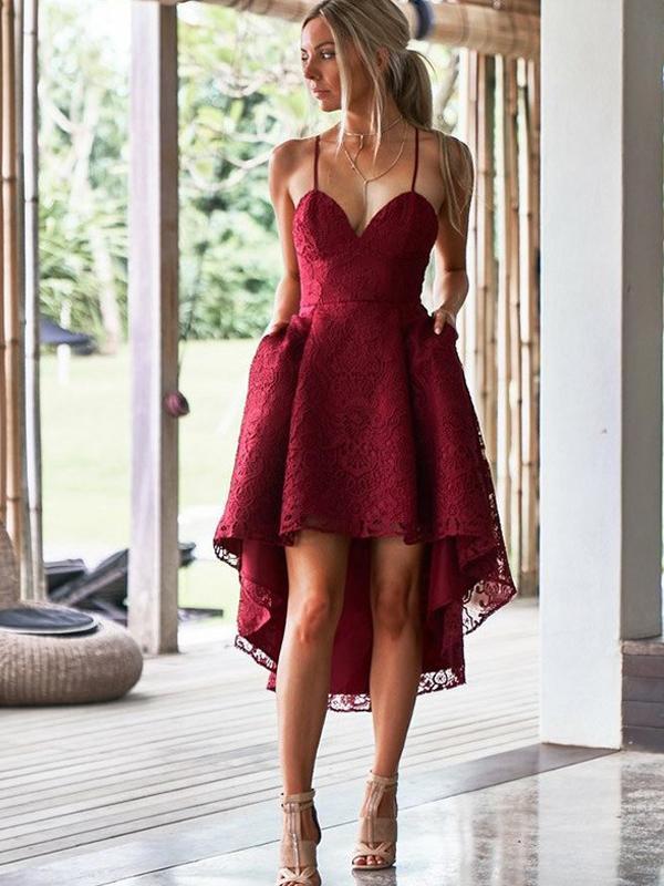 High Low Lace Straps Homecoming Dress With Pocket