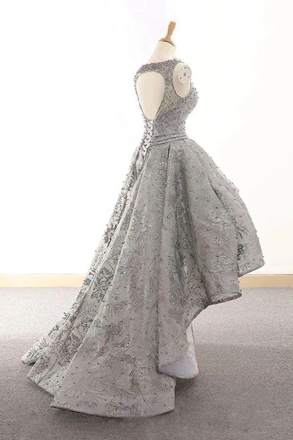 High Low Silver Lace Prom Dress With Beading