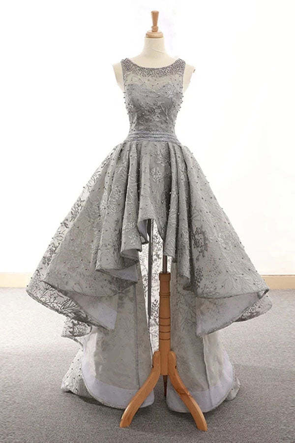 High Low Silver Lace Prom Dress With Beading