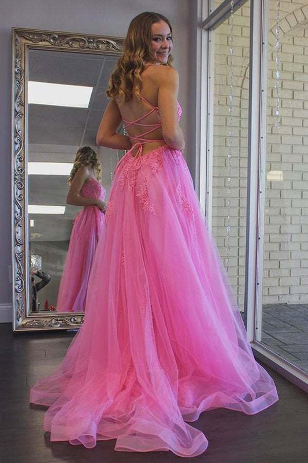 Hot Pink Backless Tulle Long Prom Dress With Slit
