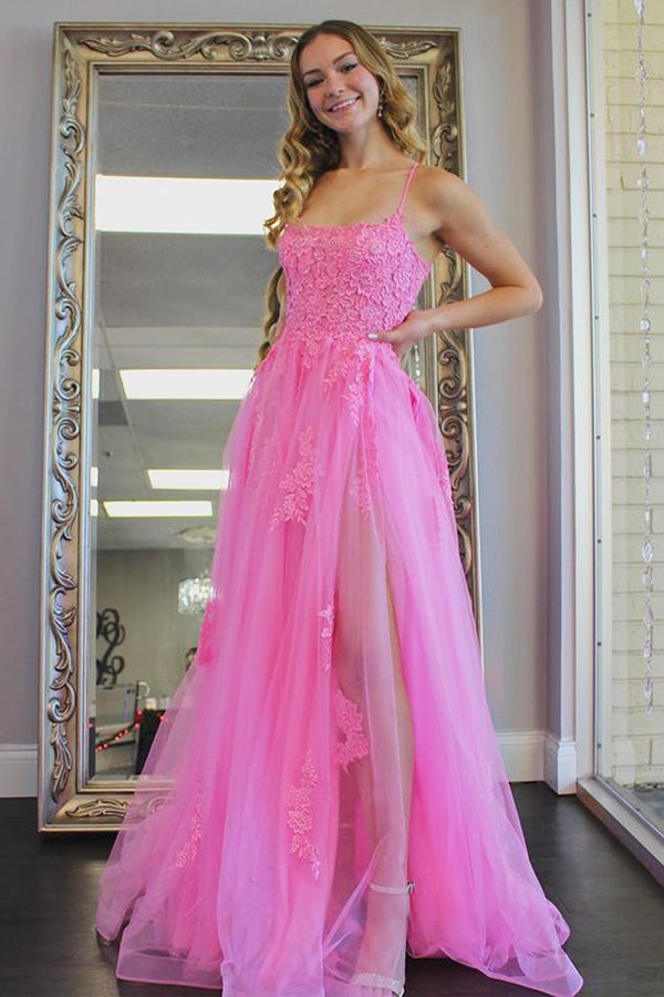 Hot Pink Backless Tulle Long Prom Dress With Slit