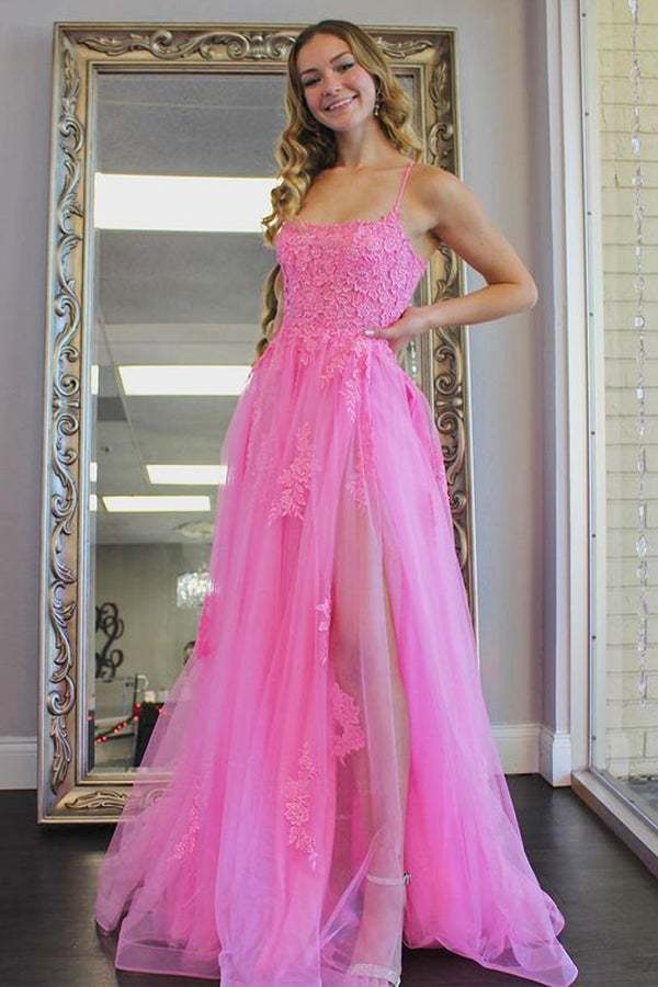 Hot Pink Backless Tulle Long Prom Dress With Slit