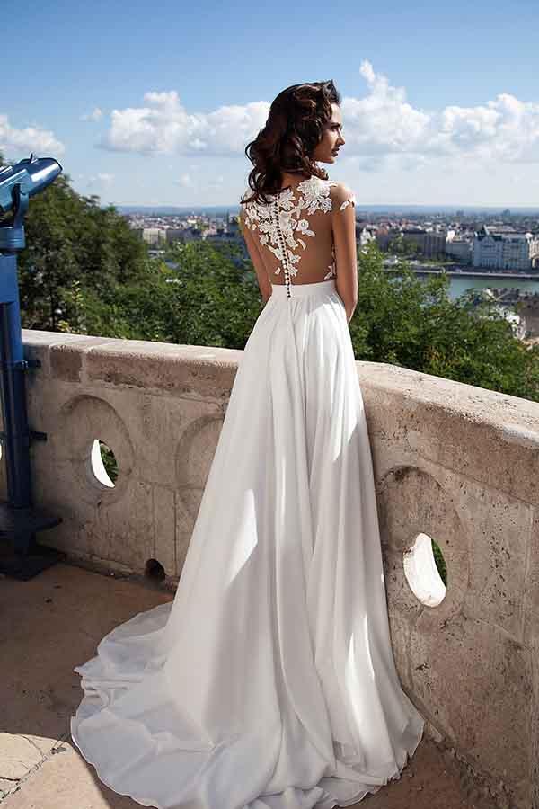 Illusion Neck Cap Sleeve Chiffon Wedding Dress Top Lace Bridal Dress