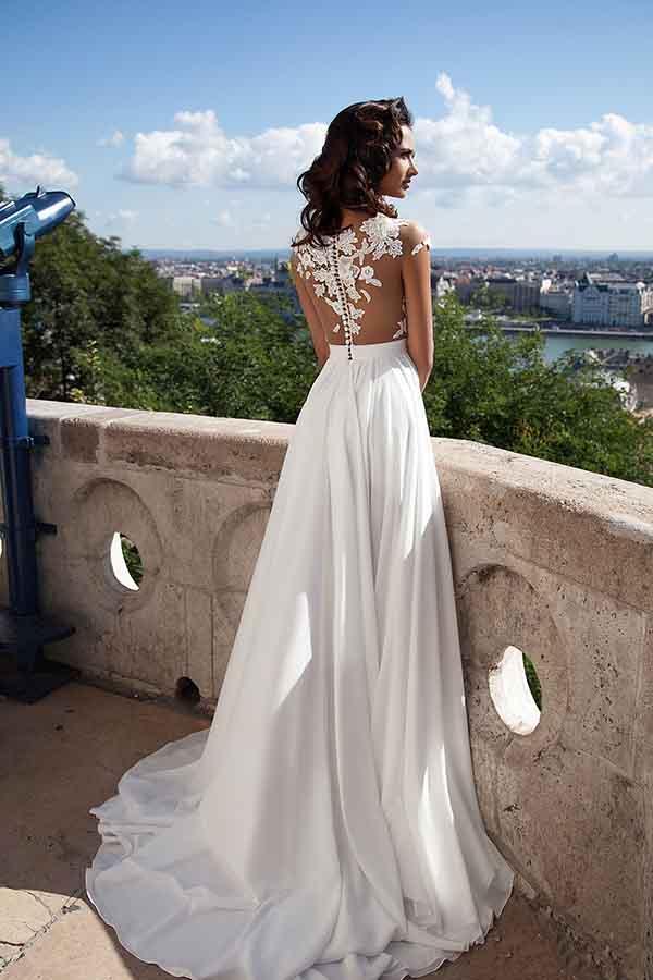 Illusion Neck Cap Sleeve Chiffon Wedding Dress Top Lace Bridal Dress