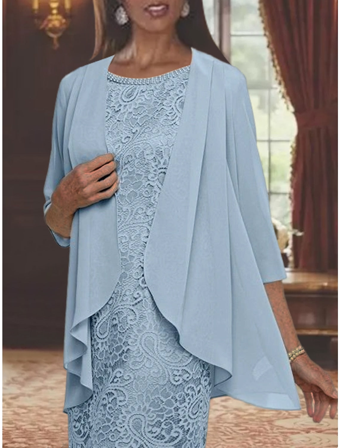 Tea-Length Mother of the Bride Sheath/Column Jewel Neck Dresses-27prom