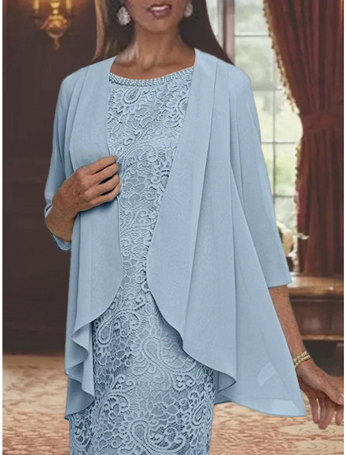 Tea-Length Mother of the Bride Sheath/Column Jewel Neck Dresses-27prom