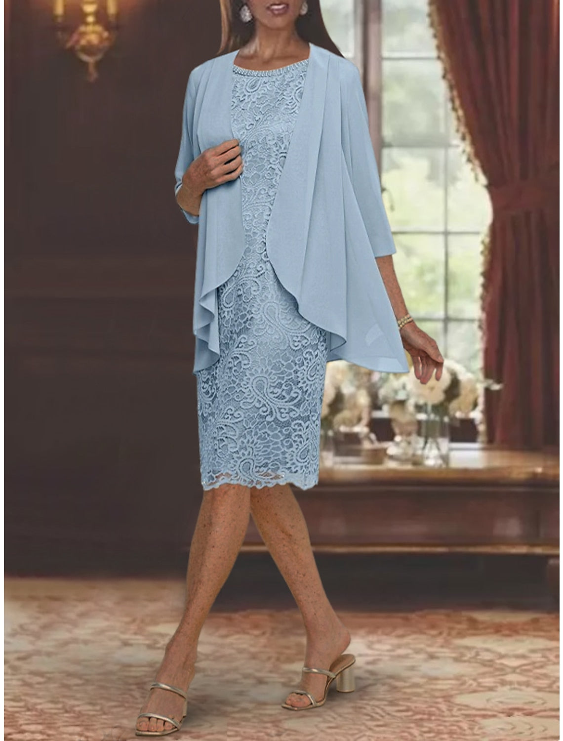 Tea-Length Mother of the Bride Sheath/Column Jewel Neck Dresses-27prom