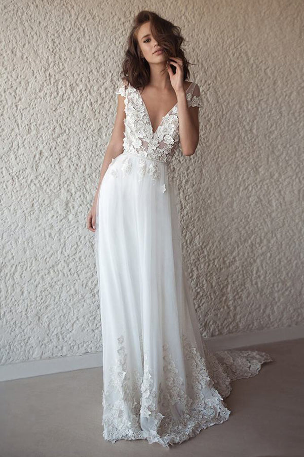 Ivory Chiffon Cap Sleeve Boho Wedding Dress